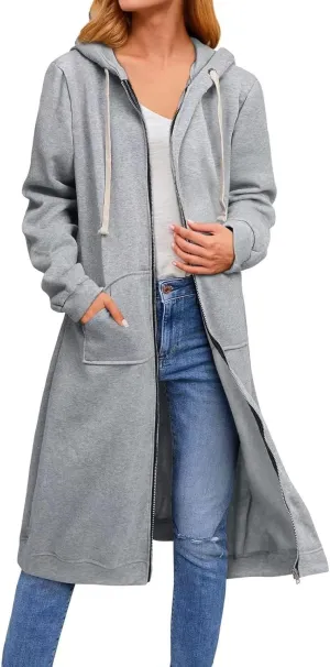 ebossy Women's Casual Full Zip Oversized Long Hoodie Drawstring Hooded Jacket Sweatshirt with Pockets