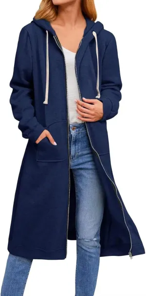 ebossy Women's Casual Full Zip Oversized Long Hoodie Drawstring Hooded Jacket Sweatshirt with Pockets