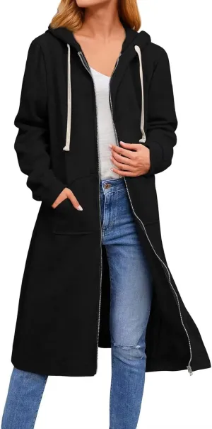 ebossy Women's Casual Full Zip Oversized Long Hoodie Drawstring Hooded Jacket Sweatshirt with Pockets