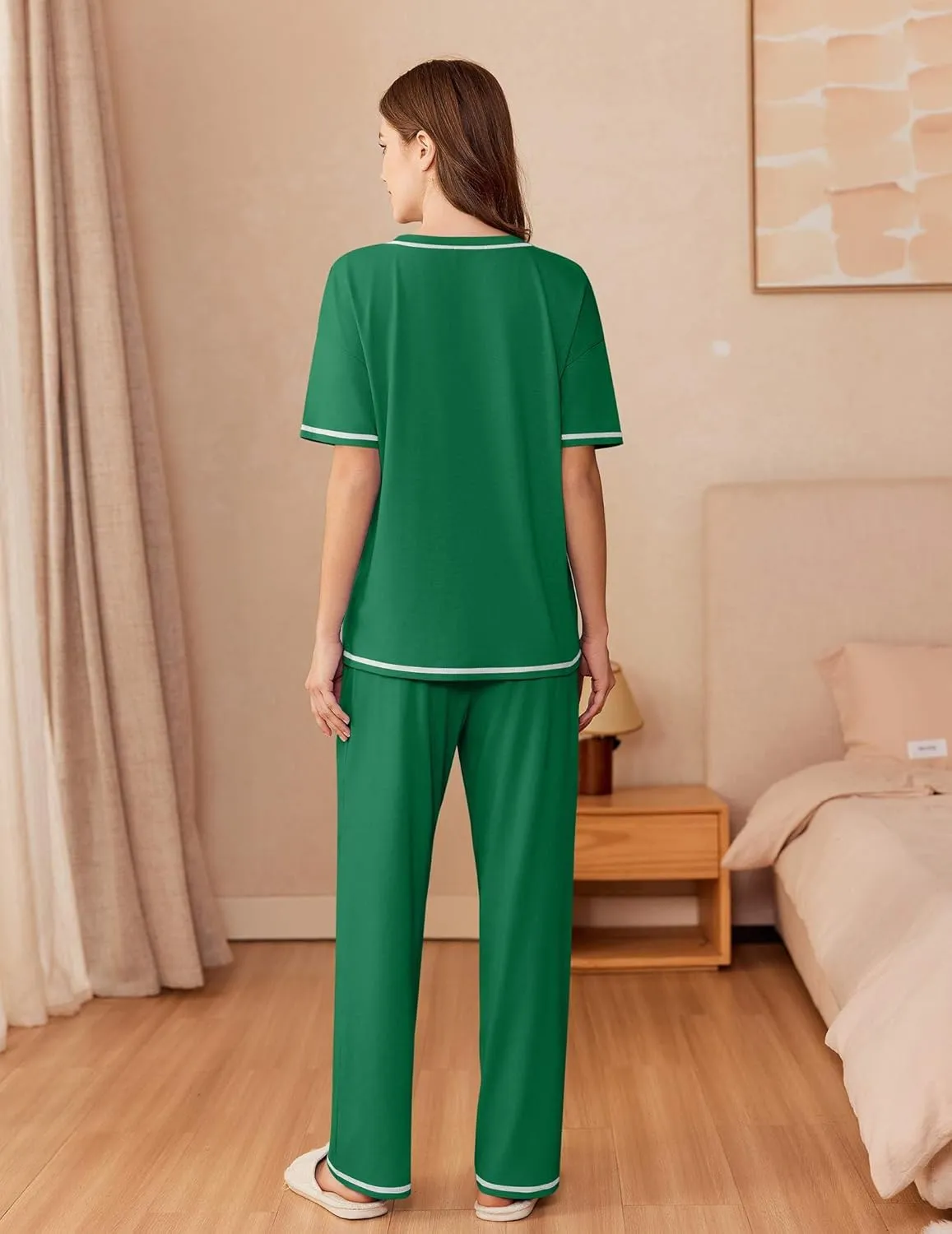 Ekouaer Cotton Pajamas Sets for Women Soft Contrast Piping Lounge Set 2 Piece Short Sleeve Pj Set with Pockets