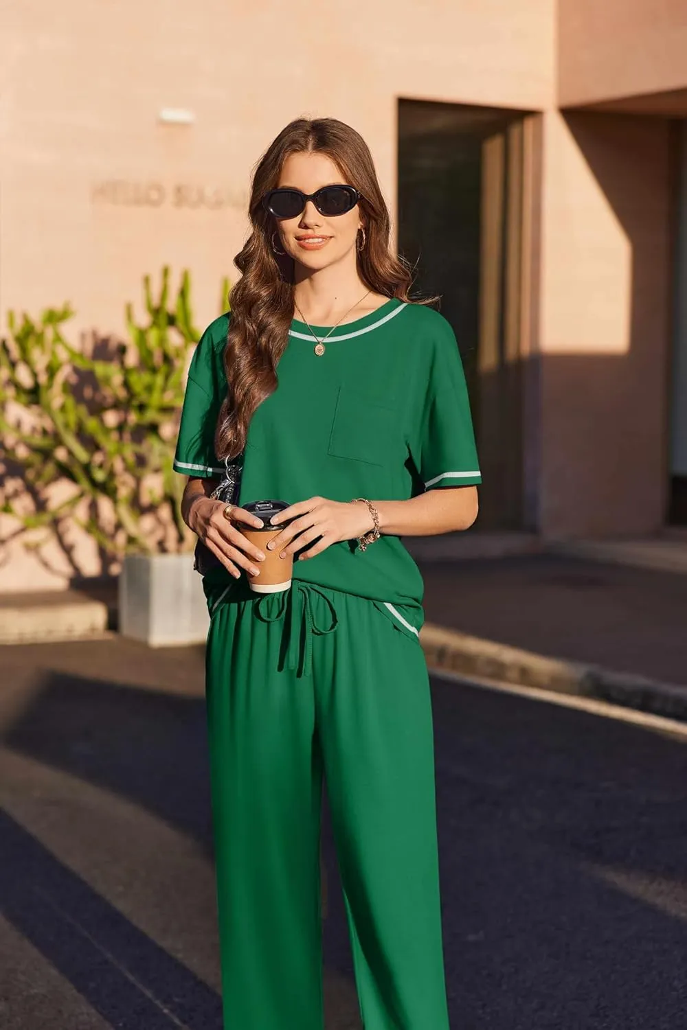 Ekouaer Cotton Pajamas Sets for Women Soft Contrast Piping Lounge Set 2 Piece Short Sleeve Pj Set with Pockets