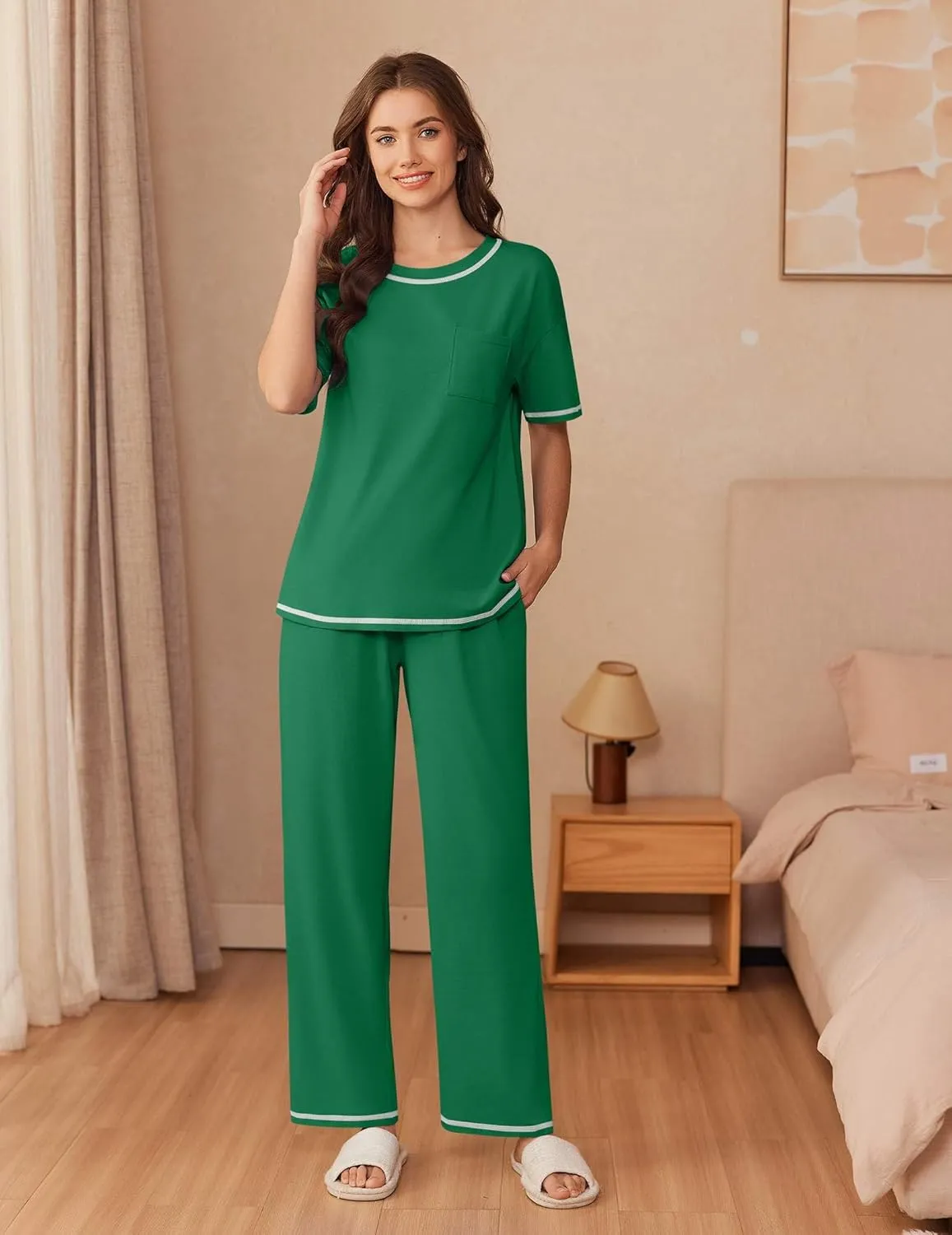Ekouaer Cotton Pajamas Sets for Women Soft Contrast Piping Lounge Set 2 Piece Short Sleeve Pj Set with Pockets