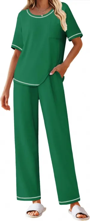 Ekouaer Cotton Pajamas Sets for Women Soft Contrast Piping Lounge Set 2 Piece Short Sleeve Pj Set with Pockets