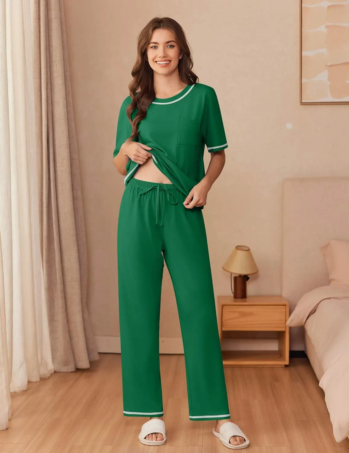 Ekouaer Cotton Pajamas Sets for Women Soft Contrast Piping Lounge Set 2 Piece Short Sleeve Pj Set with Pockets