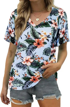 ELIY BASIC Women's Short Sleeve V Neck Pleated T Shirts Summer Loose Fit Basic Tunic with Side Shirring Casual Top Tees