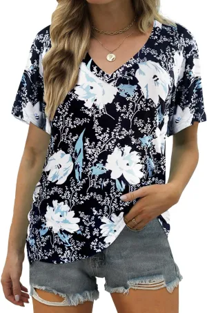 ELIY BASIC Women's Short Sleeve V Neck Pleated T Shirts Summer Loose Fit Basic Tunic with Side Shirring Casual Top Tees