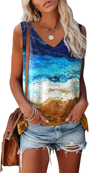 ETCYY Womens Summer Tops Sexy Tie Dye V Neck Tank Top Loose Fit Cute Printed Workout Sleeveless T Shirts