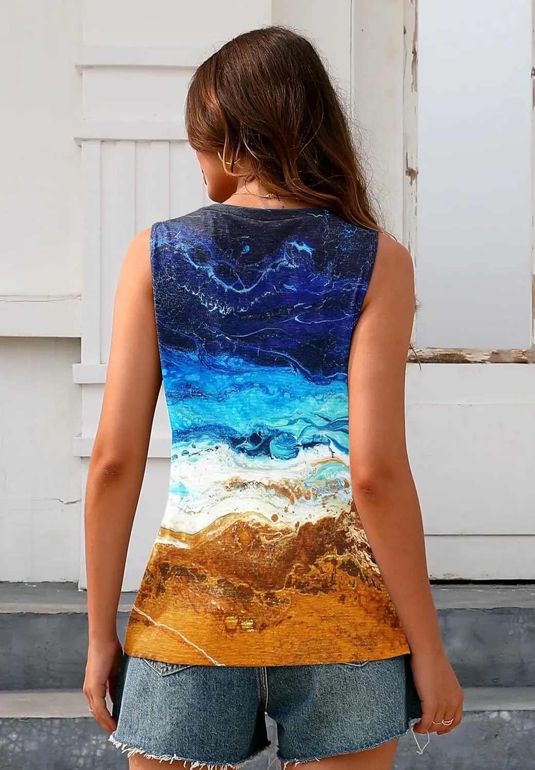 ETCYY Womens Summer Tops Sexy Tie Dye V Neck Tank Top Loose Fit Cute Printed Workout Sleeveless T Shirts