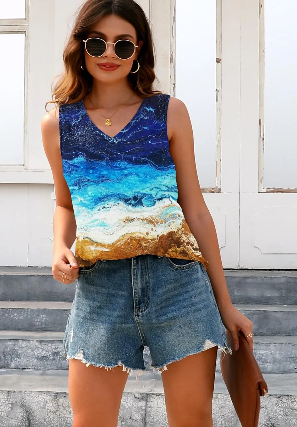 ETCYY Womens Summer Tops Sexy Tie Dye V Neck Tank Top Loose Fit Cute Printed Workout Sleeveless T Shirts