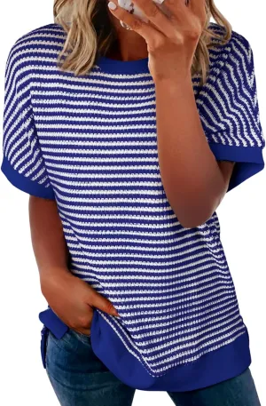 EVALESS Womens Oversized Tshirts Trendy Crewneck Short Sleeve Tops Color Block Striped T Shirts Loose Fit Tee
