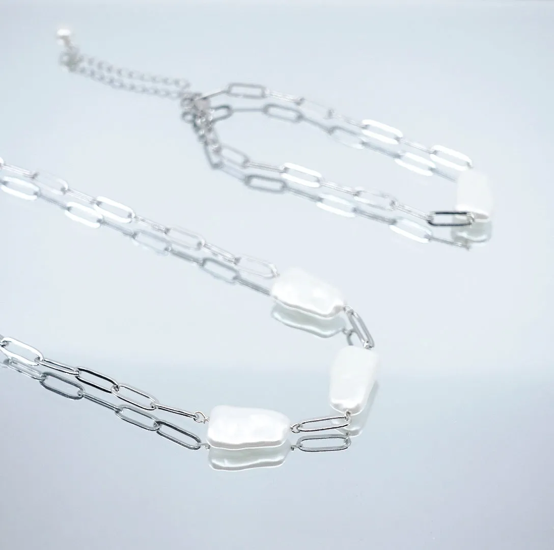 Faux Baroque Pearl Floating Necklace and Bracelet Set Silver
