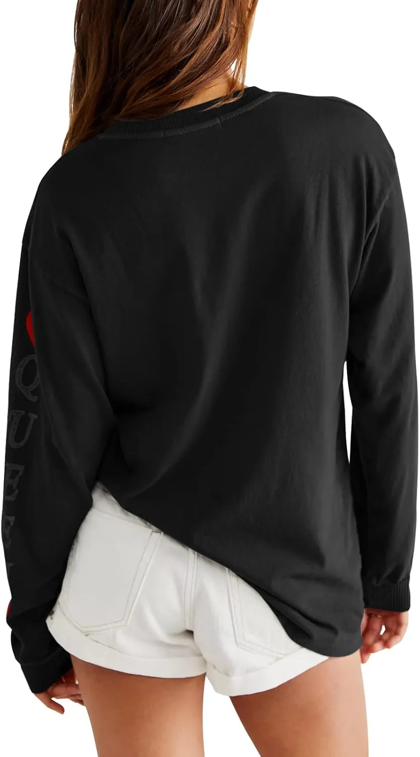 Fazortev Womens Crewneck Graphic Sweatshirts Queen Of Hearts Long Sleeve Shirts Cute Loose Fit Casual Pullover Tops