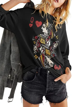 Fazortev Womens Crewneck Graphic Sweatshirts Queen Of Hearts Long Sleeve Shirts Cute Loose Fit Casual Pullover Tops