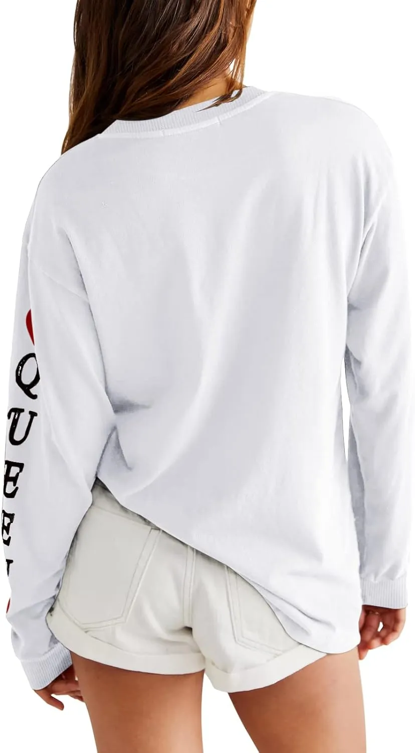 Fazortev Womens Crewneck Graphic Sweatshirts Queen Of Hearts Long Sleeve Shirts Cute Loose Fit Casual Pullover Tops