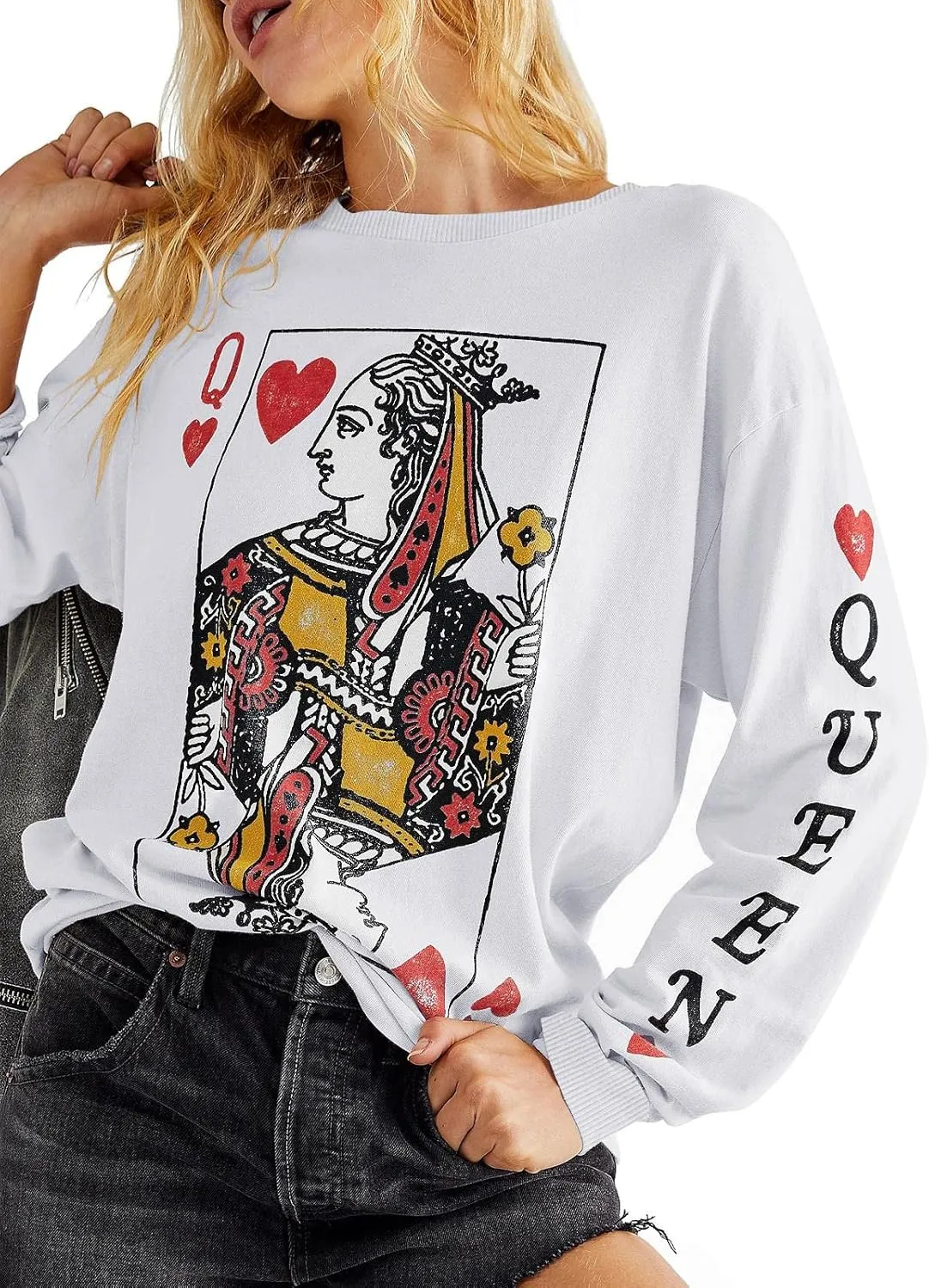 Fazortev Womens Crewneck Graphic Sweatshirts Queen Of Hearts Long Sleeve Shirts Cute Loose Fit Casual Pullover Tops