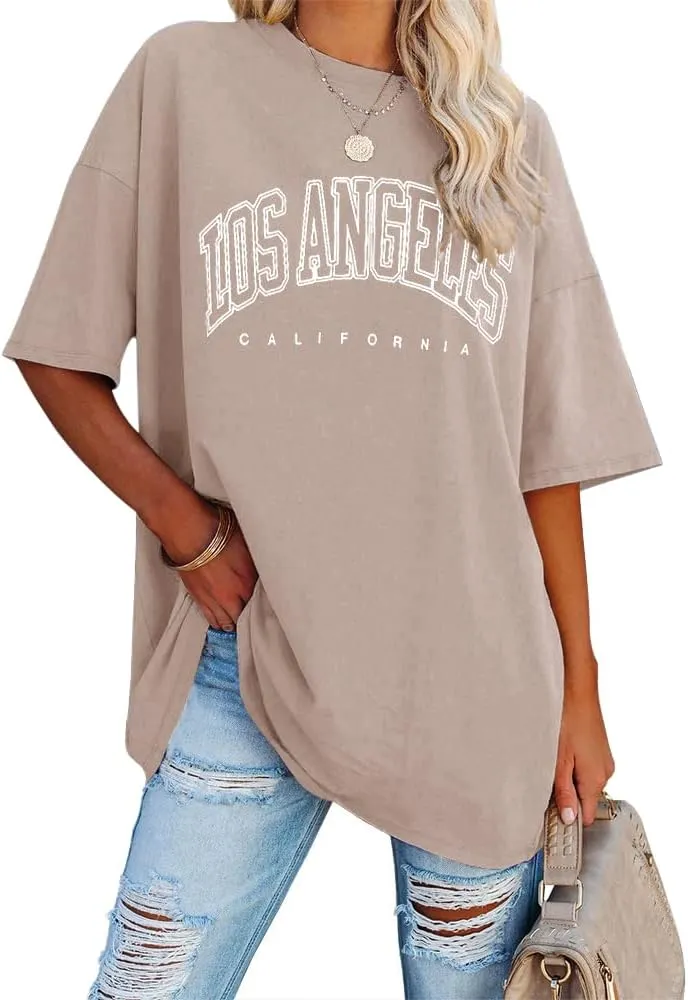 Fazortev Womens Oversized Los Angeles California Graphic T Shirts Half Sleeve Summer Loose Casual Tees Tunic Tops