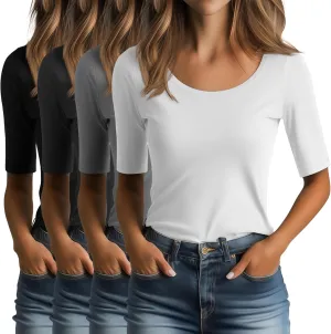 Ficerd 4 Pack Women's Scoop Neck Stretchy Tops Half Sleeve Cotton Slim Fit T-Shirts Tight Casual Basic Summer Tees