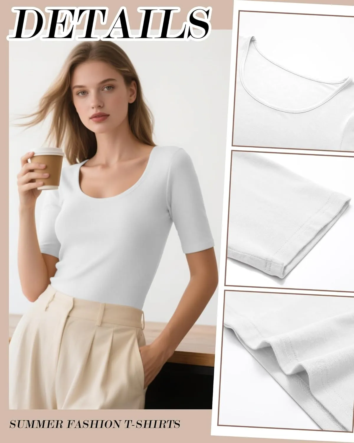 Ficerd 4 Pack Women's Scoop Neck Stretchy Tops Half Sleeve Cotton Slim Fit T-Shirts Tight Casual Basic Summer Tees