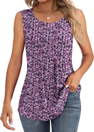 Ficerd Women's Tank Tops Sleeveless Tunic Pleated Crew Neck Blouses Summer Dressy Casual Loose Spring T Shirts
