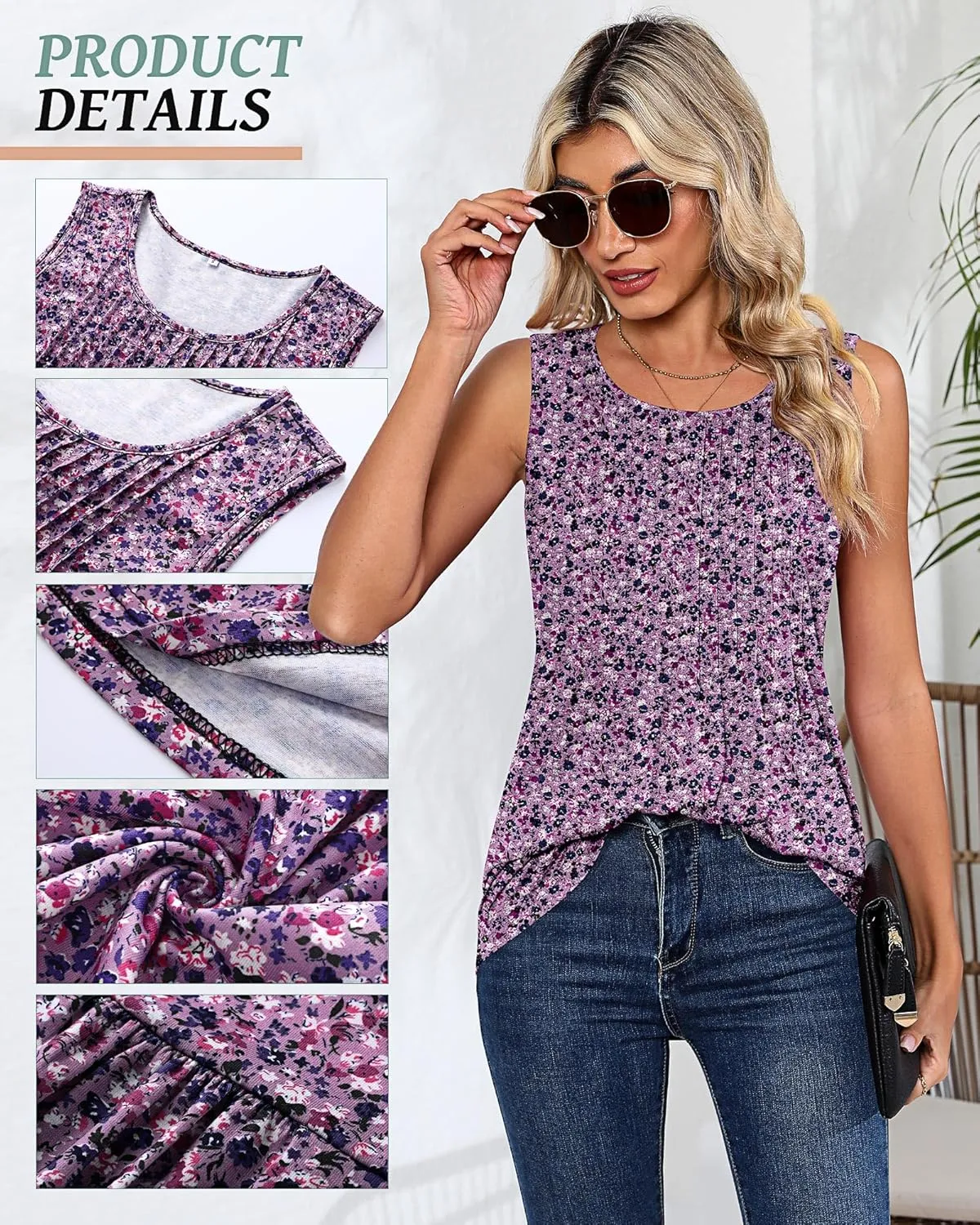 Ficerd Women's Tank Tops Sleeveless Tunic Pleated Crew Neck Blouses Summer Dressy Casual Loose Spring T Shirts