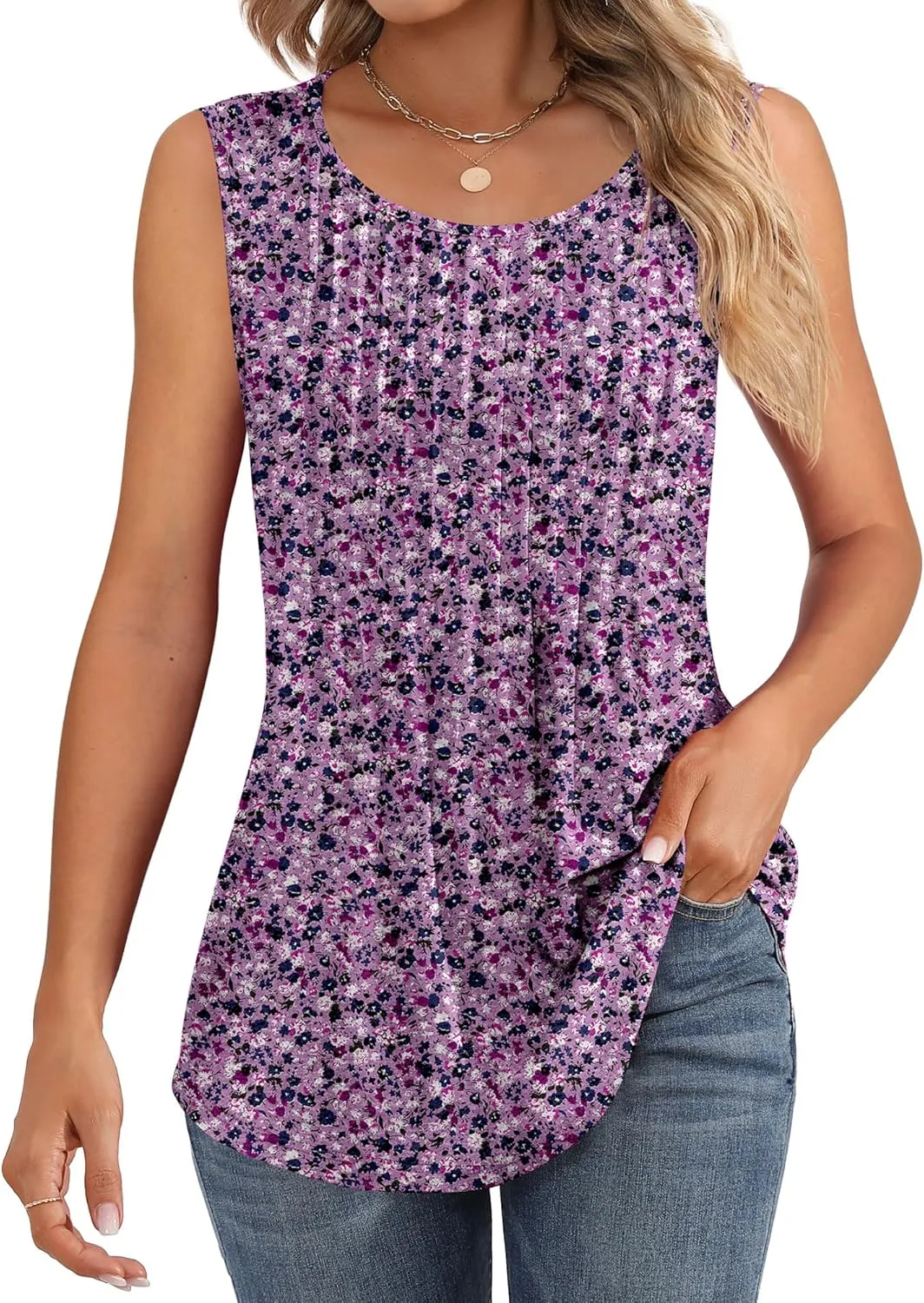 Ficerd Women's Tank Tops Sleeveless Tunic Pleated Crew Neck Blouses Summer Dressy Casual Loose Spring T Shirts