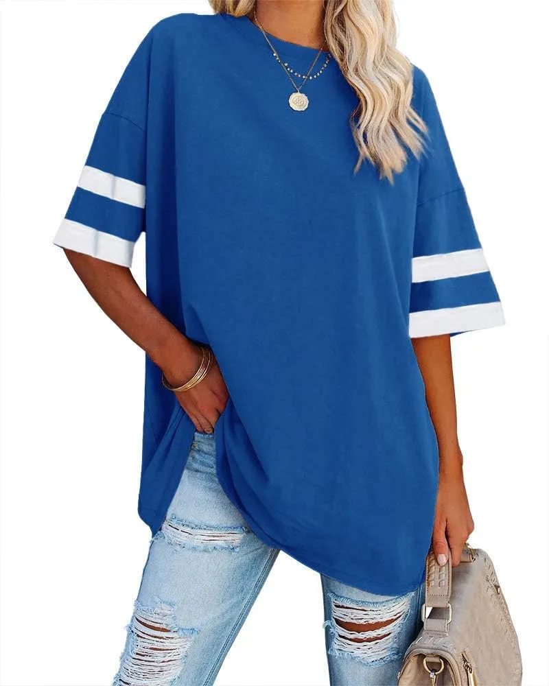 Fisoew Womens Oversized Tees Loose T Shirts Half Sleeve Crew Neck Color Block Cotton Tunic Tops