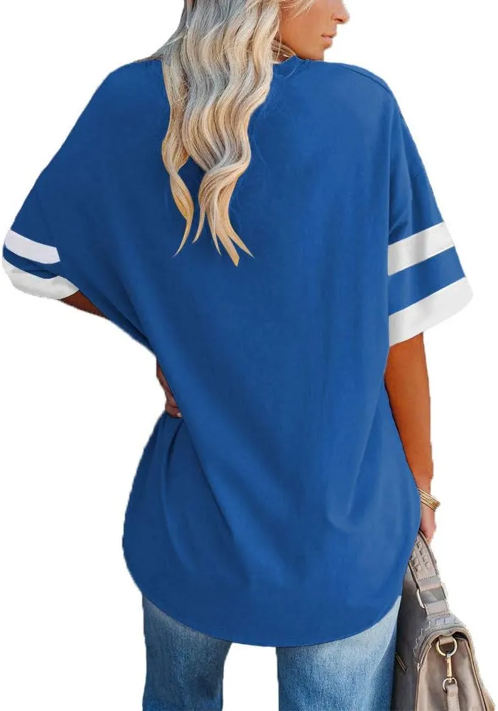 Fisoew Womens Oversized Tees Loose T Shirts Half Sleeve Crew Neck Color Block Cotton Tunic Tops