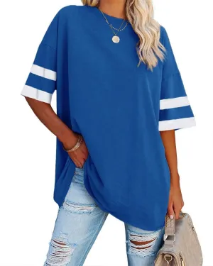 Fisoew Womens Oversized Tees Loose T Shirts Half Sleeve Crew Neck Color Block Cotton Tunic Tops