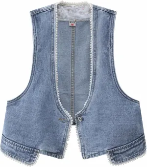 Fitted Denim Vest Cropped Sexy Cute Halter Jean Vest Top For Women lightweight With Pockets