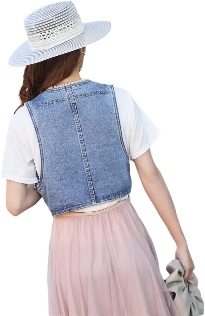 Fitted Denim Vest Cropped Sexy Cute Halter Jean Vest Top For Women lightweight With Pockets