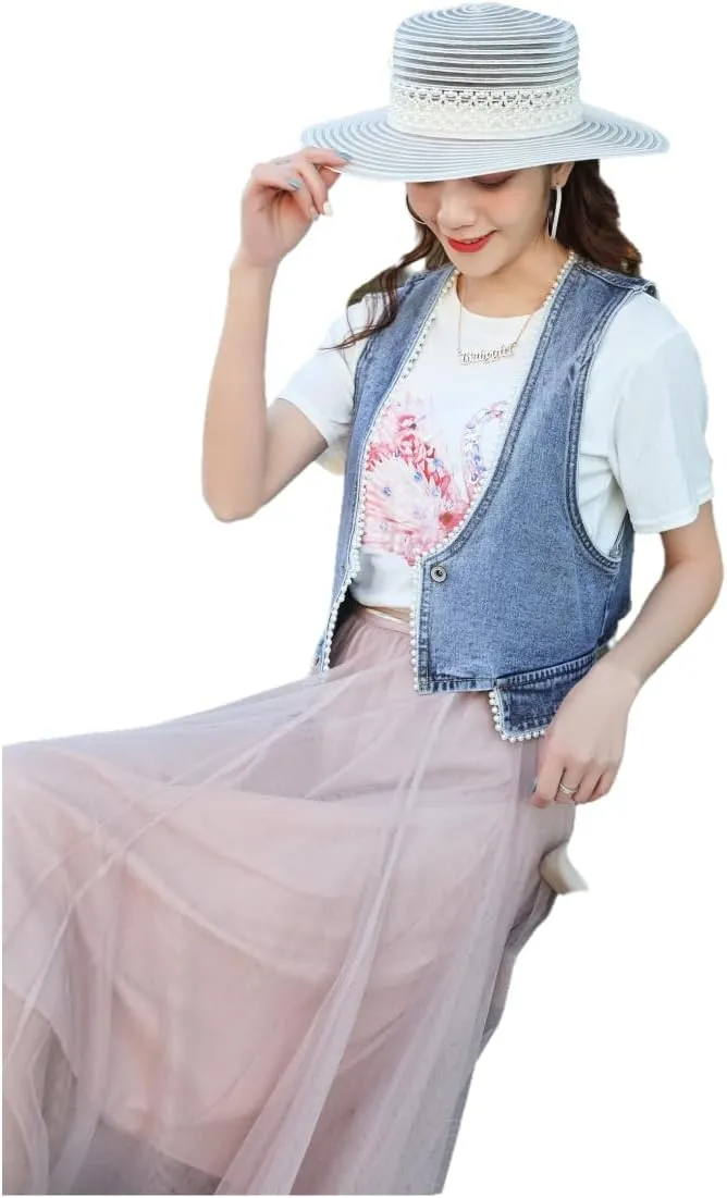 Fitted Denim Vest Cropped Sexy Cute Halter Jean Vest Top For Women lightweight With Pockets