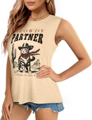 Flafens Tank Top for Women - Cute Womens Summer Graphic Cotton Sleeveless T Shirts Crewneck Tops Workout Gym Basic Tunic