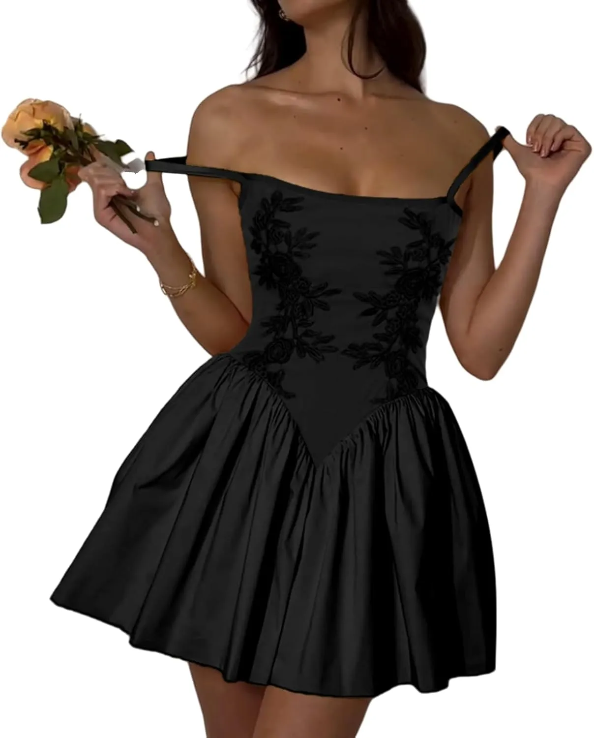 Floral Mini Dress Women Summer Spaghetti Strap Solid Color Embroidery Ruffle Dress