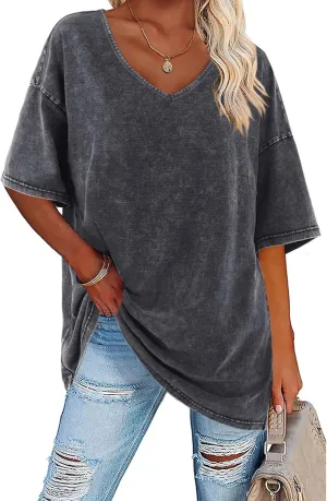 Flowyair Womens Oversized T Shirts Summer Loose Fit Cotton Short Sleeve Basic Tees Casual V Neck Boyfriend Tunic Tops