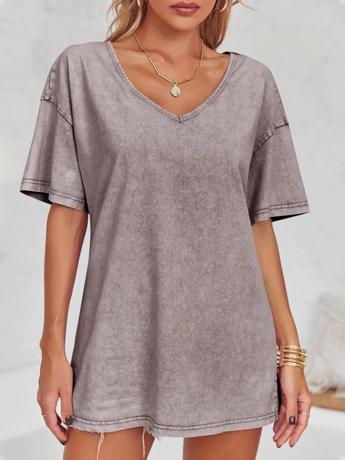 Flowyair Womens Oversized T Shirts Summer Loose Fit Cotton Short Sleeve Basic Tees Casual V Neck Boyfriend Tunic Tops