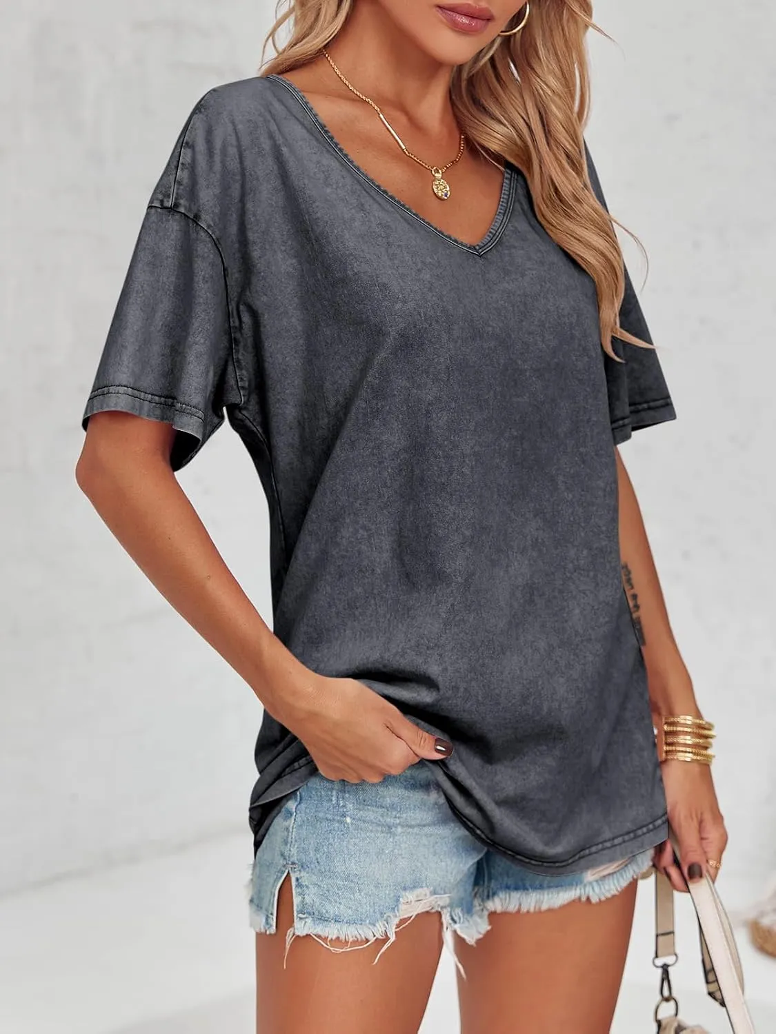 Flowyair Womens Oversized T Shirts Summer Loose Fit Cotton Short Sleeve Basic Tees Casual V Neck Boyfriend Tunic Tops