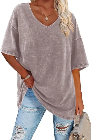Flowyair Womens Oversized T Shirts Summer Loose Fit Cotton Short Sleeve Basic Tees Casual V Neck Boyfriend Tunic Tops