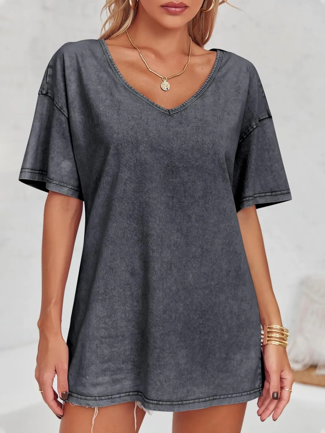 Flowyair Womens Oversized T Shirts Summer Loose Fit Cotton Short Sleeve Basic Tees Casual V Neck Boyfriend Tunic Tops