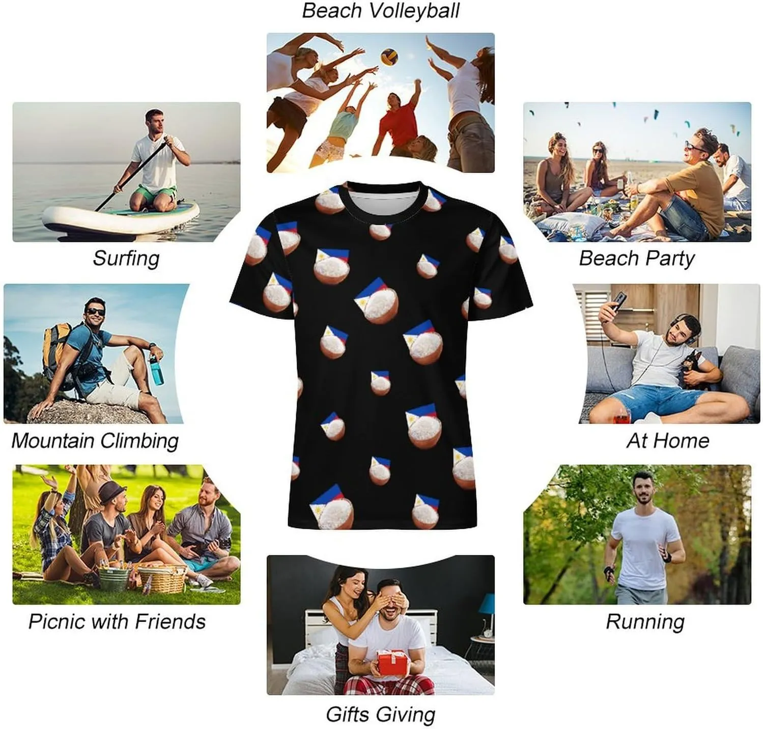 Funny Philippines Rice Men's Short Sleeve Tee Casual Crew Neck T-Shirts Summer Workout Tops Graphic