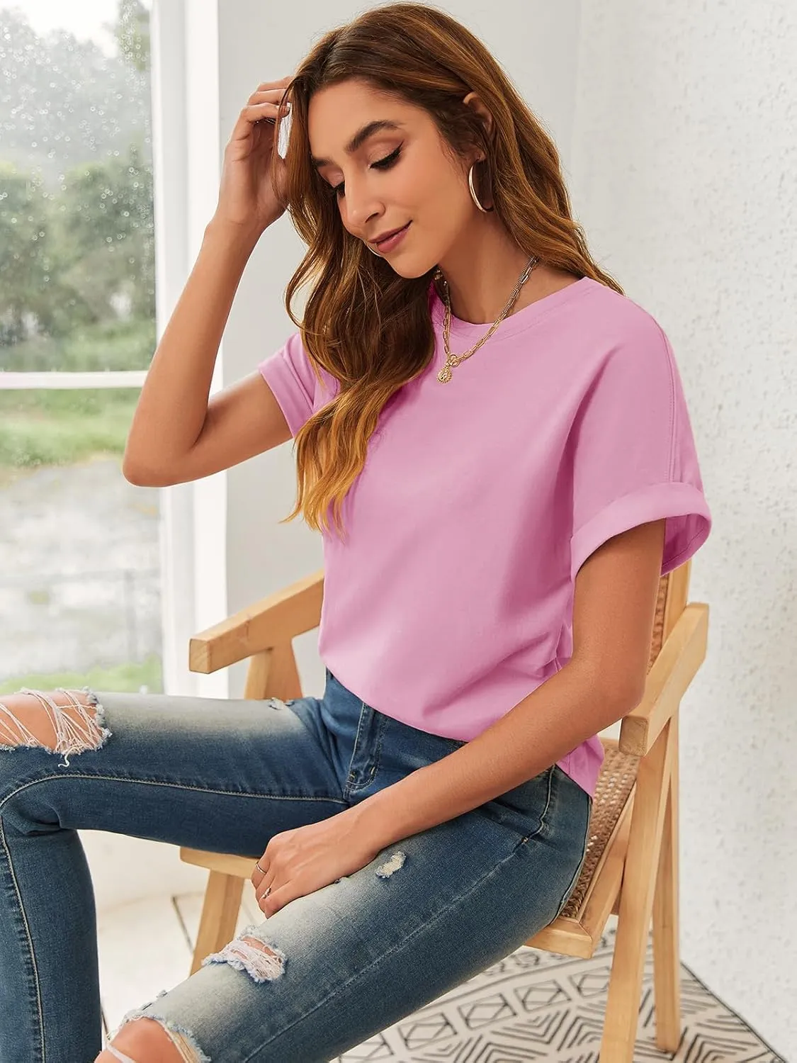 GeGekoko Women Short Sleeve Tshirts Crew Neck Basic Cotton Draped Tee Summer Ruched Side Top S-1L