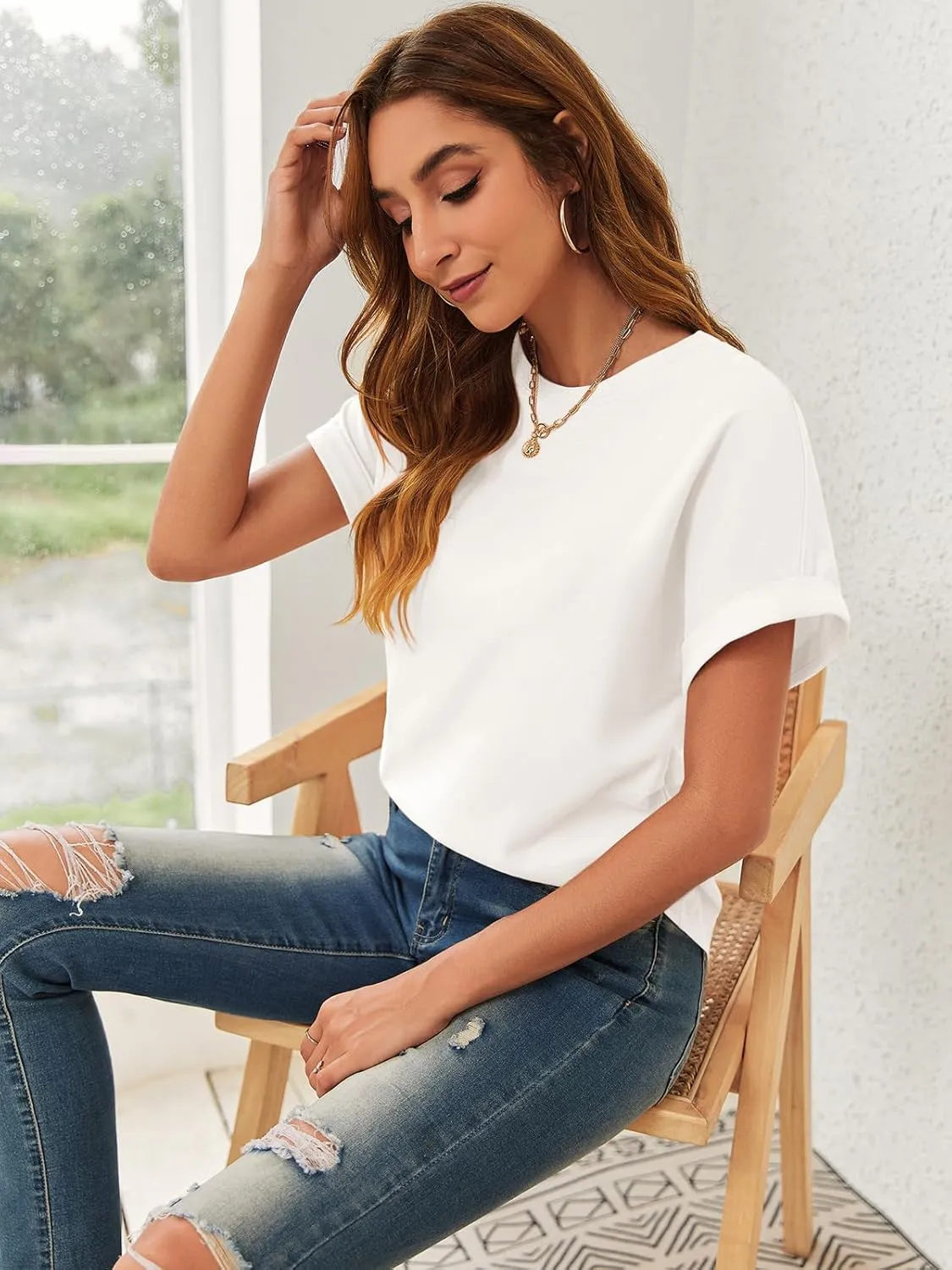 GeGekoko Women Short Sleeve Tshirts Crew Neck Basic Cotton Draped Tee Summer Ruched Side Top S-1L