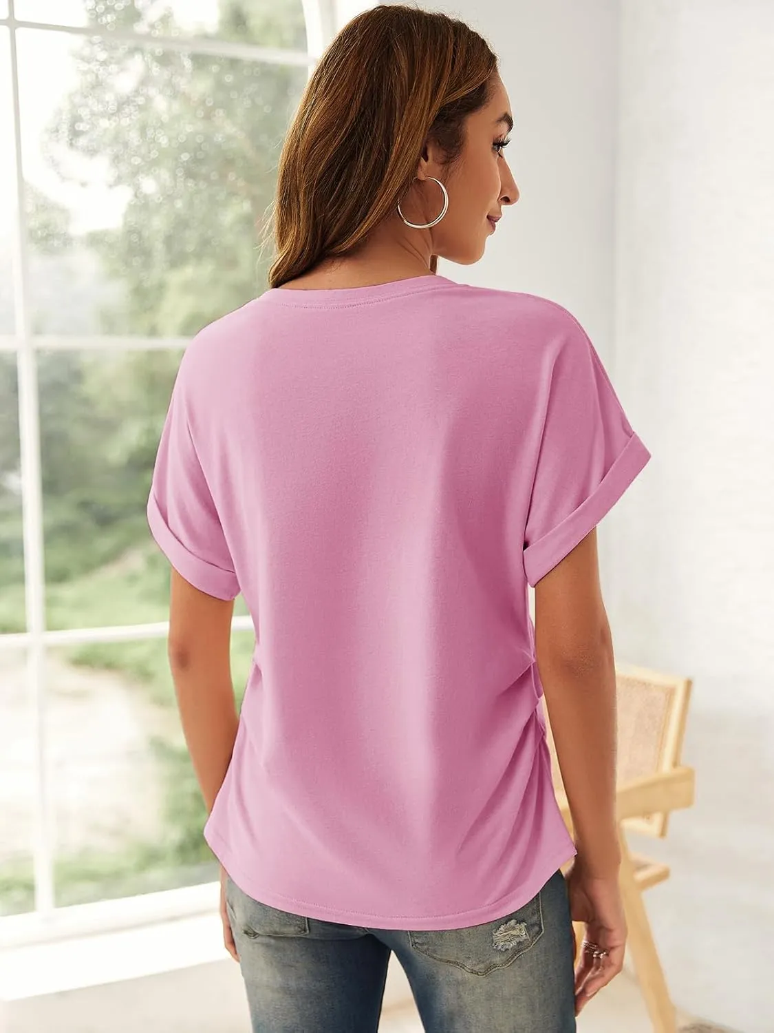 GeGekoko Women Short Sleeve Tshirts Crew Neck Basic Cotton Draped Tee Summer Ruched Side Top S-1L