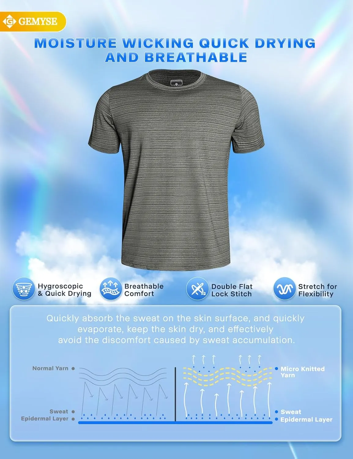 GEMYSE Men's Running Short Sleeve Shirt Sun Protection Quick Dry Moisture Wicking T-Shirts UPF 50  for Workout