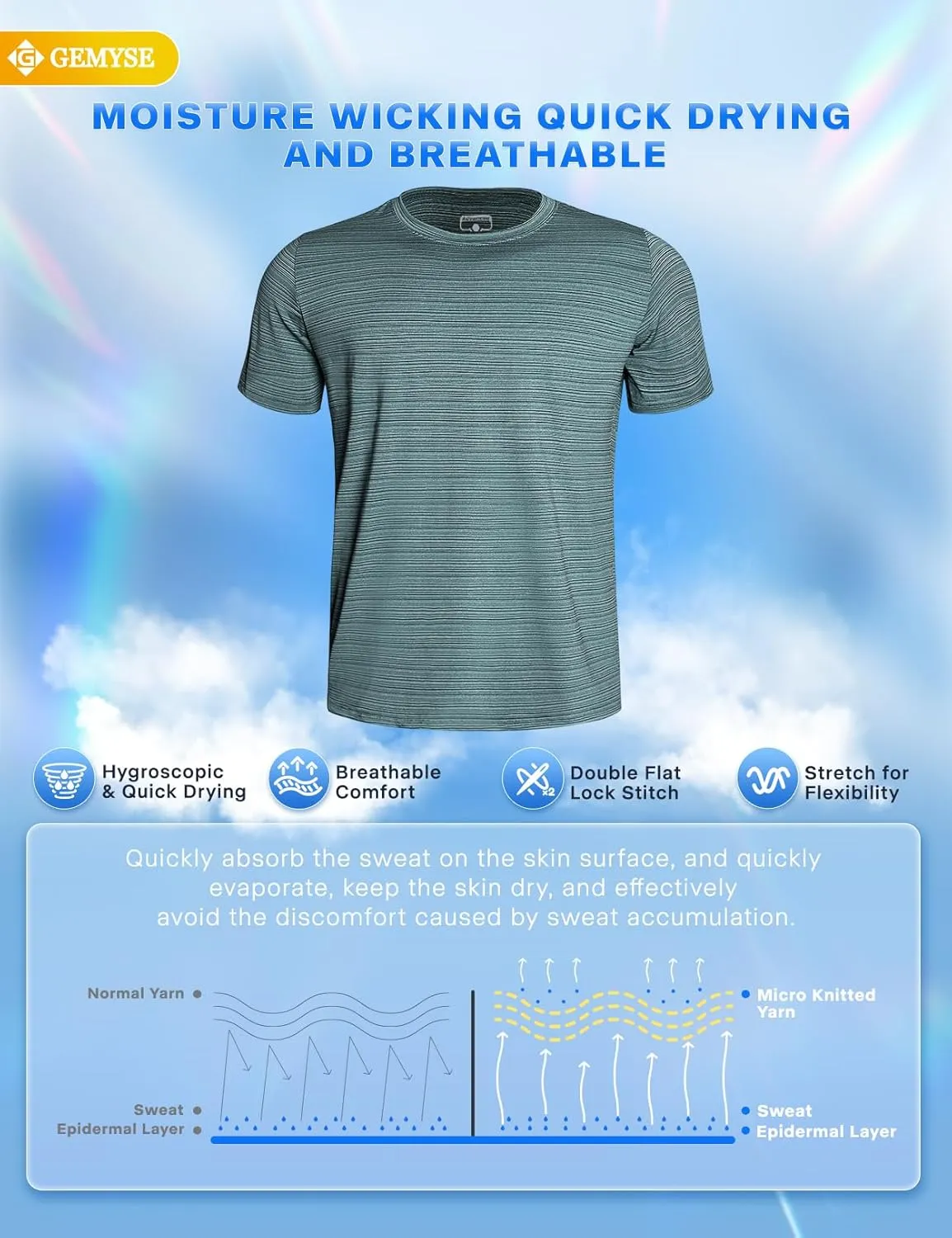 GEMYSE Men's Running Short Sleeve Shirt Sun Protection Quick Dry Moisture Wicking T-Shirts UPF 50  for Workout