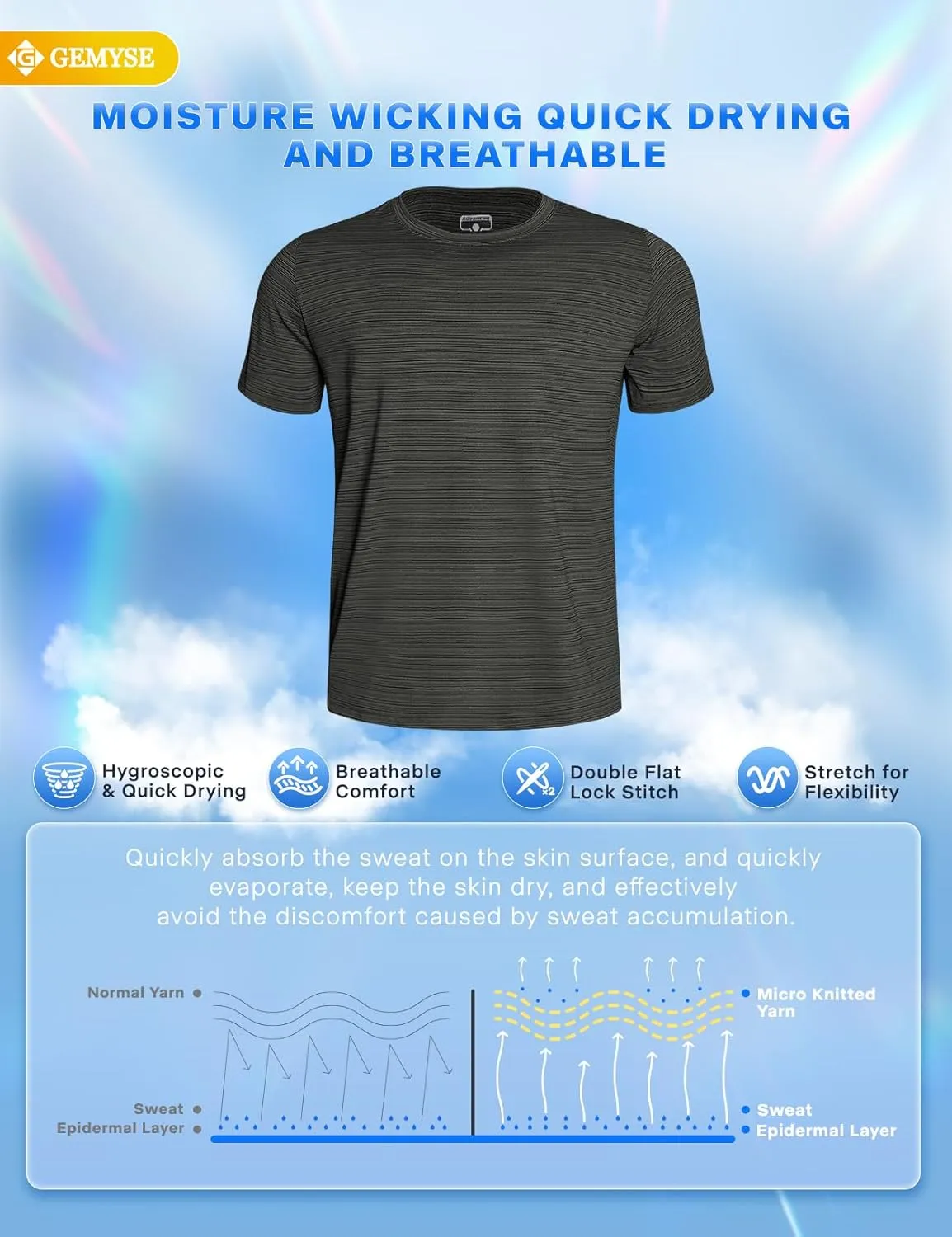 GEMYSE Men's Running Short Sleeve Shirt Sun Protection Quick Dry Moisture Wicking T-Shirts UPF 50  for Workout