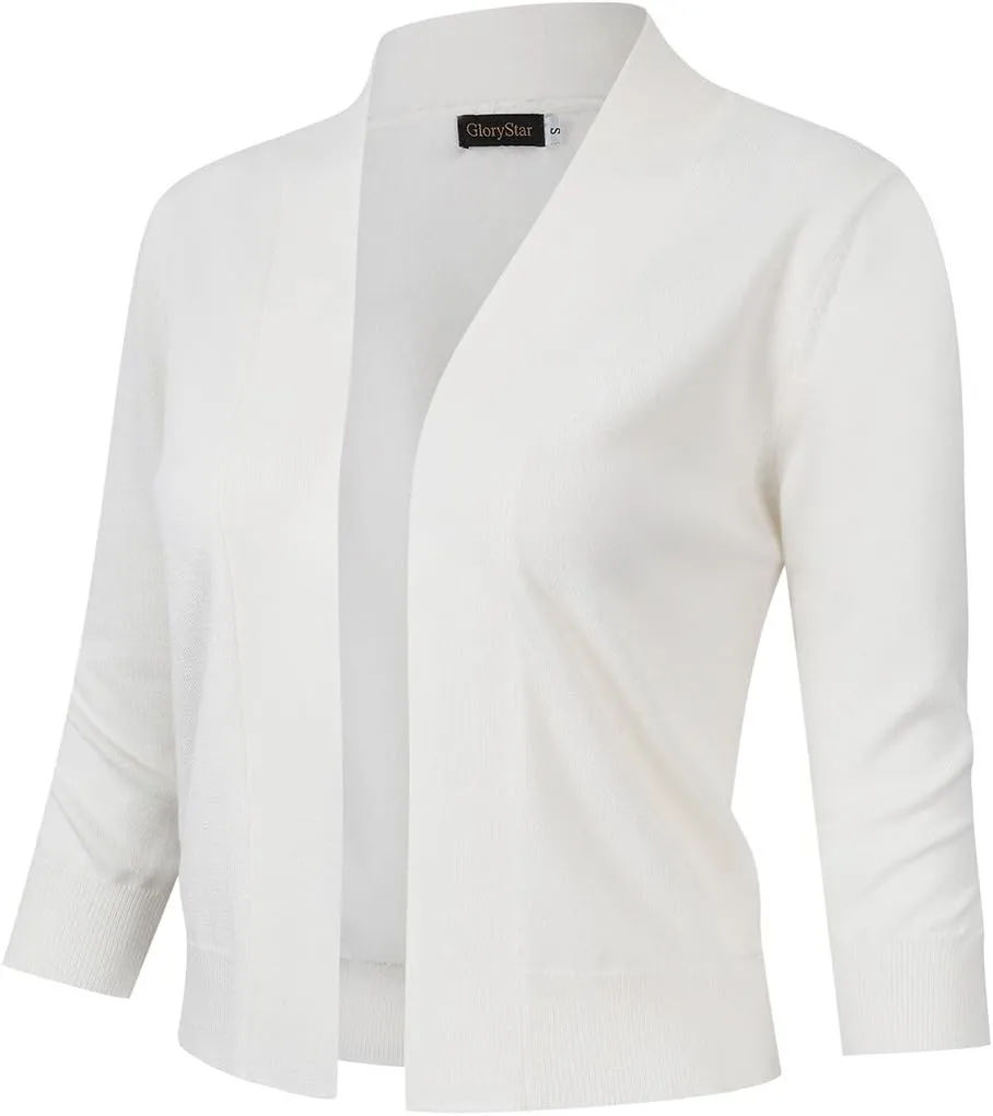 GloryStar Women's 3/4 Sleeve Open Front Cropped Cardigan Sweater Lightweight Knit Short Shrugs White XS