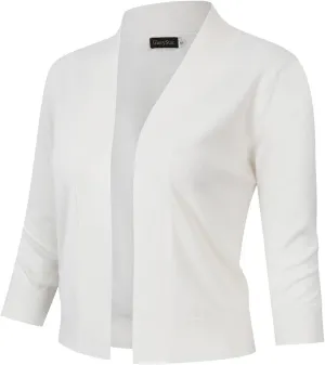 GloryStar Women's 3/4 Sleeve Open Front Cropped Cardigan Sweater Lightweight Knit Short Shrugs White XS