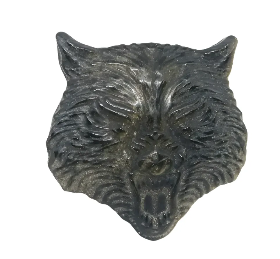 Golden Obsidian Crystal Wolf Head Carving