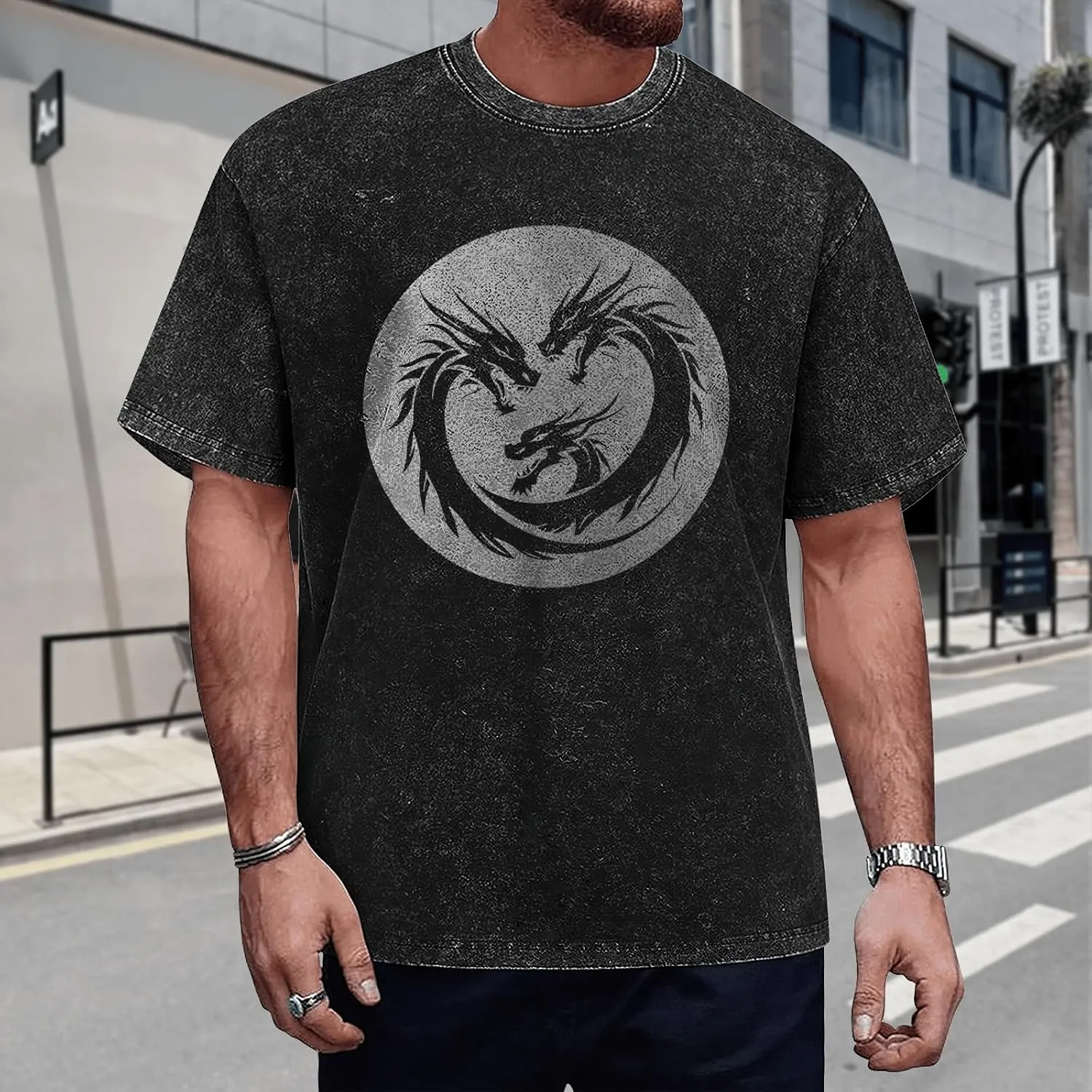 Graphic T Shirts for Men Crew Neck Washed Cotton Oversized Short Sleeve Loose Hip Hop Streetwear Basic Summer Tees
