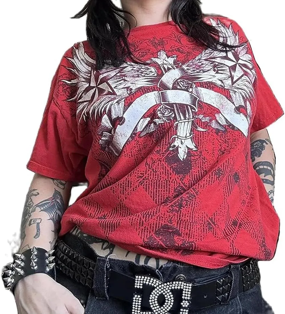 Grunge Tops Women Y2k Short Sleeve Vintage Graphic T Shirts Teen Girls Aesthetic Gothic Emo Tees Halloween Clothes